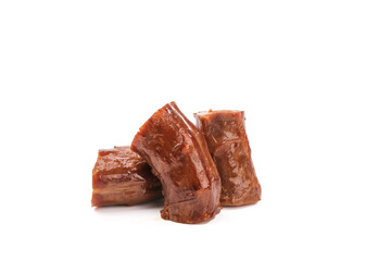 Spicy Marinated Duck Neck Pieces Hand Torn with Glossy Glaze on White Background