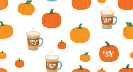 Seamless pattern autumn pumpkins latte coffee cup fall harvest seasonal decor vector illustration vector