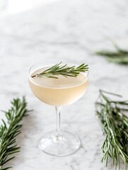 Sophisticated cocktail in coupe glass garnished with fresh rosemary sprig on marble background, minimalist drink photography with copy space