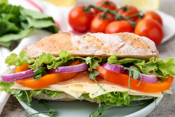 Delicious ciabatta sandwich with prosciutto, cheese and vegetables on grey table, closeup