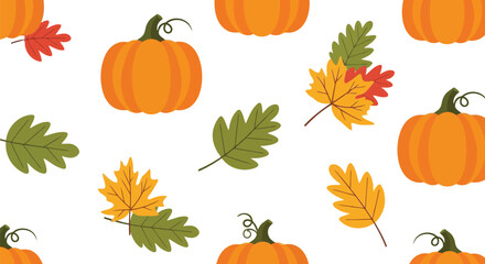 Seamless autumn pattern with orange pumpkins and colorful fall leaves for harvest season celebration vector