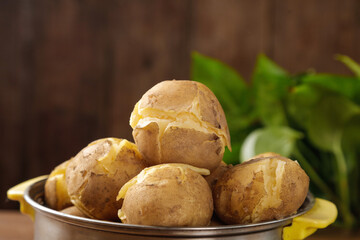 Boiled Potatoes with Peeling Skin in Cooking Pot - Fresh Vegetable Preparation