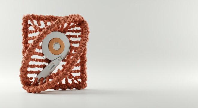 DNA strand entwined with data storage device against a bright background