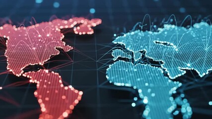 World Map Visualization: A captivating visualization of the world map, showcasing intricate data patterns in a split-screen composition. Data flows across continents in vibrant colors. - Powered by Adobe
