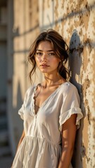 Fototapeta premium Witch shadow against wall created by young woman with light skin, long, wavy brown hair in white dress. Concept of soft light, serene mood, Halloween inspiration.