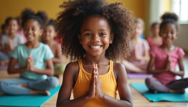 Diverse kids practice yoga meditation in class. Children sit on mats with hands together smiling peacefully. Young girls learn mindfulness and flexibility. - Powered by Adobe