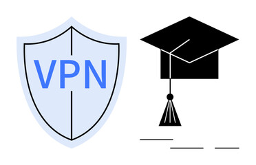 Shield with VPN text and graduation cap highlighting privacy in online education, collaboration, data protection, cyber security, remote access, e-learning, peer sharing. A simple flat metaphor