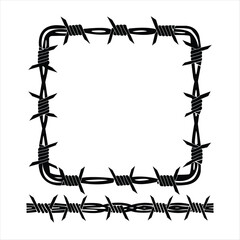 A black and white graphic design element showing a border and a frame constructed from sharp, restrictive barbed wire.