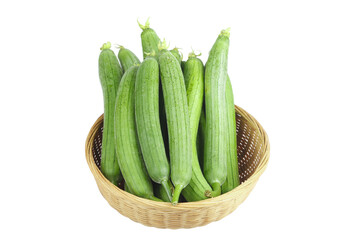 Fresh Long Green Loofah Gourds in Basket Shandong Shouguang Vegetables White Background