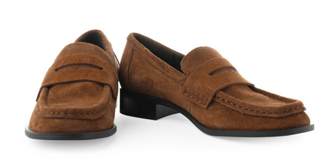 Pair of stylish brown shoes isolated on white