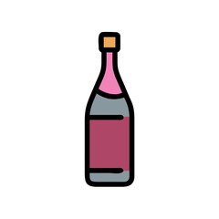Wine bottle in flat design with pink label and simple outline  