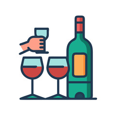 Hand pouring wine into glass with bottle and two glasses beside  