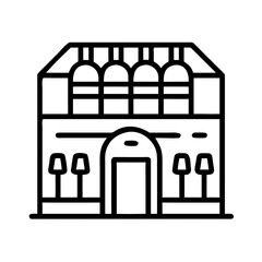 Line art illustration of a winery building with trees in front  