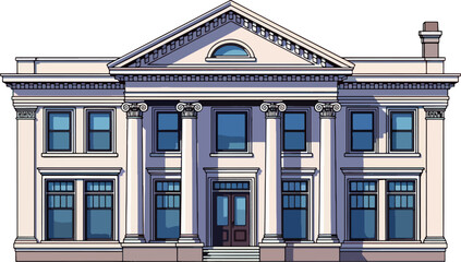 Fototapeta premium Elegant neoclassical style building facade with tall columns, large windows, and detailed ornaments. Perfect for illustrating historical or cultural architecture.