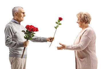Elderly man giving a red rose to a senior woman