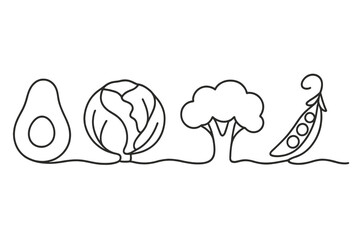 Continuous line art of fresh healthy vegetables: avocado, cabbage, broccoli, and pea pod