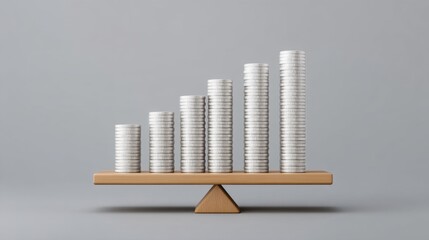 Growth of Financial Investment Represented by Stacked Coins on Balance Scale Indicating Economic Progress and Increasing Revenue Trends in Modern Business