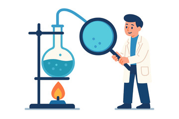 Scientist in lab coat examining chemical reaction in a heated flask using a large magnifying glass