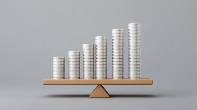 Growth of Financial Investment Represented by Stacked Coins on Balance Scale Indicating Economic Progress and Increasing Revenue Trends in Modern Business