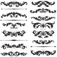 Decorative black floral ornaments in vintage style on white background  