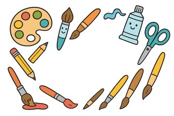 Colorful collection of painting and drawing tools forming a decorative border for creative projects
