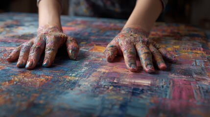 
Female painter uses hands to create expressive abstract oil artwork on large canvas.