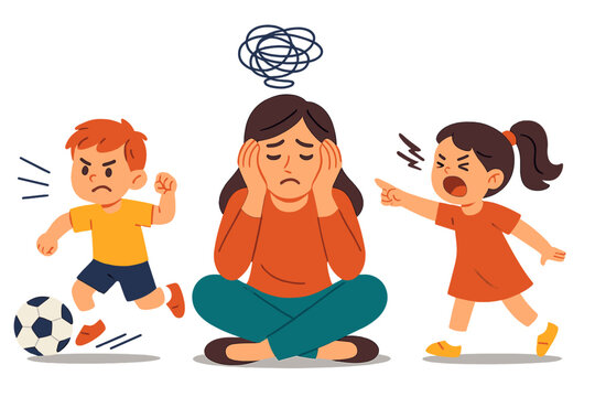 Stressed mother overwhelmed by two misbehaving children fighting and causing chaos