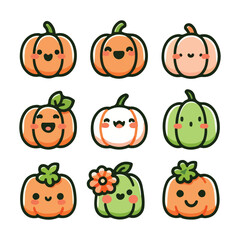 Cute and Friendly Pumpkin Faces Vector Set in Soft Pastel Orange and Green