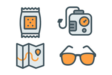 Essential items for outdoor travel including snacks, air pump, folded map, and sunglasses