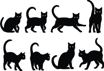cat, silhouette, black cat, animal, feline, pet, domestic, sitting, standing, walking, stretching, tail up, alert, curious, playful, collection, set, icons, shapes, forms, isolated, white background, 