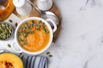 Delicious pumpkin soup with seeds and microgreens in bowl served on white marble table, flat lay. Space for text