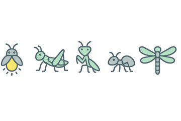 Fototapeta premium Simple outlined set of common insects including firefly, grasshopper, praying mantis, ant, and dragonfly