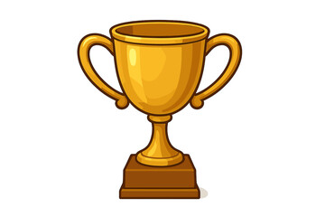 Bright gold award cup with large handles resting on a solid brown base