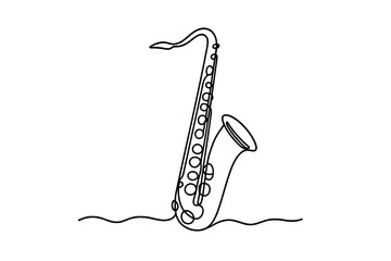 Continuous line drawing of a musical saxophone instrument used in jazz and classical music