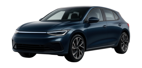 Compact electric hatchback featuring a broad stance and full-width LED light strip.