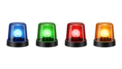 Four Different Colored Emergency Warning Siren Flasher Lights Blue Green Red Orange Isolated on Transparent Background © Dipak Stocks