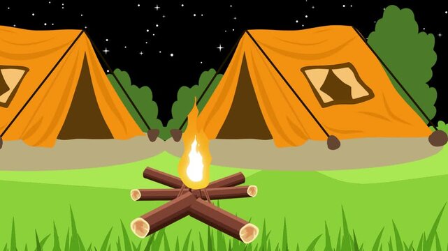 A vector cartoon illustration of a native teepee tent at a night mountain campsite with a forest landscape