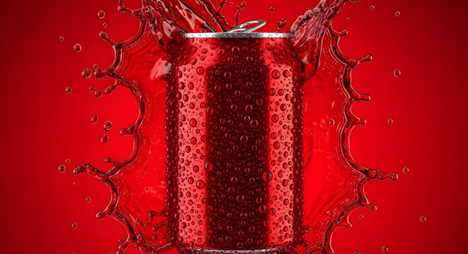 Chilled red beverage can with refreshing liquid splash and condensation droplets against a vibrant red background