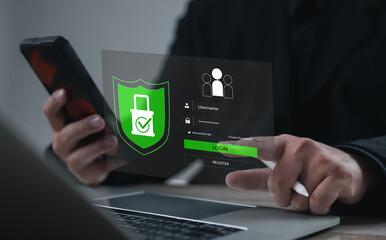 User accessing secure login interface with digital shield icon, representing cybersecurity, online...