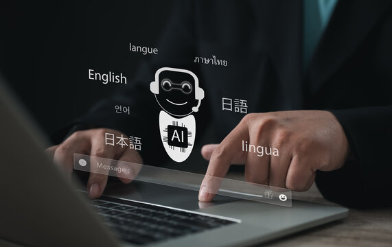 Professional using digital AI language translation interface with chatbot icon and multiple languages, representing multilingual communication, artificial intelligence, and global technology connectio