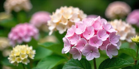 Soft Pink Hydrangea Blossoms Against a Muted Green Backdrop A gentle arrangement of soft pink hydrangea blossoms, some in full bloom and others just beginning to open. The focus is on the delicate