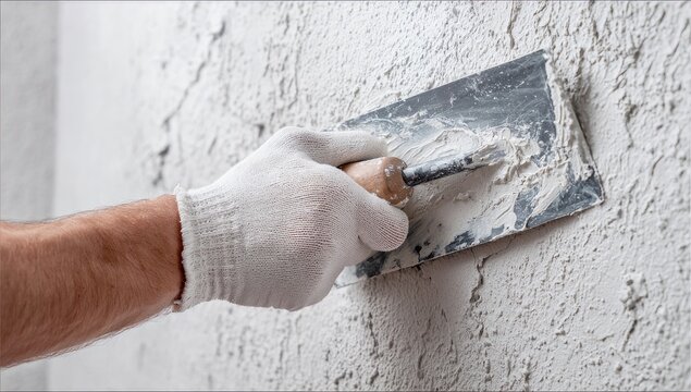 A gloved hand applies plaster to a textured wall with a trowel during a construction project