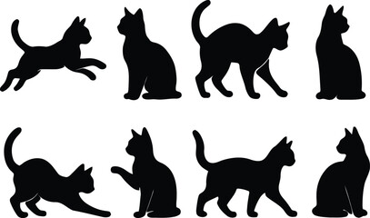 cat, silhouette, black cat, animal, feline, pet, domestic, jumping, sitting, stretching, reaching, playful, active, dynamic, collection, set, icons, shapes, forms, isolated, white background, domestic