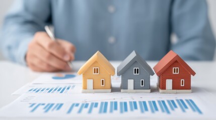 Analysis of Real Estate Market Trends with Model Houses and Financial Graphs Showcasing Investment Opportunities and Housing Market Insights