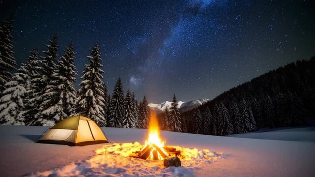 Cozy Winter Cabin with Campfire and Snow