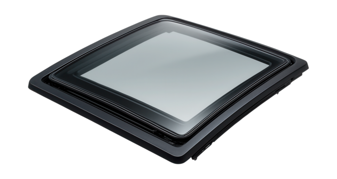 Rectangular sunroof with tilting and sliding features, framed in black.