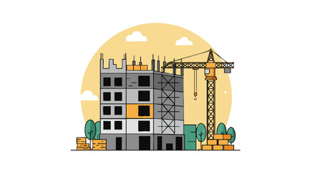 Naklejka premium An illustrative scene of a modern multi-story building under construction, featuring a prominent yellow crane and scaffolding against a stylized sky.