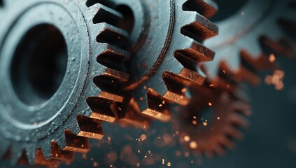Close-up of meshing metal gears with shallow depth-of-field and sparkling, orange bokeh