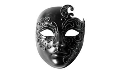 A black and white Venetian mask with intricate designs on a white background.