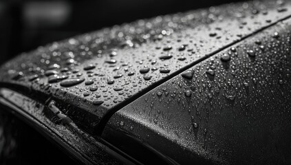 Close-up of a car's rain-covered roof, highlighting water droplets and reflections